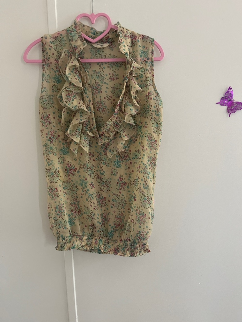 Sleeveless Ruffle Floral Blouse - Light Yellow